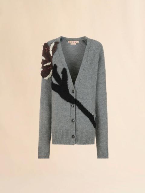 Marni GRAY ALPACA WOOL CARDIGAN WITH FLOWER PATCH