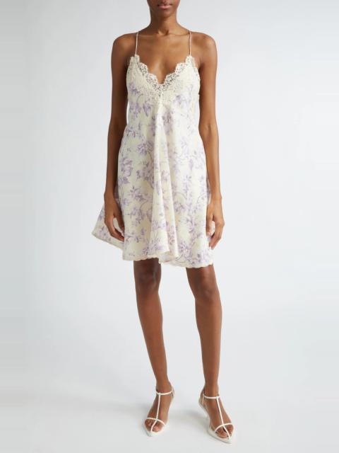 Halliday Floral Lace Trim Linen Mini Slipdress in Yellow/Lilac Floral