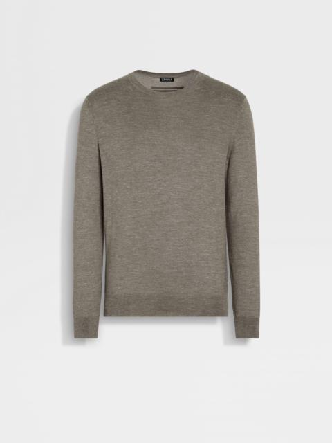 ZEGNA DARK TAUPE MÉLANGE SILK CASHMERE AND LINEN CREWNECK