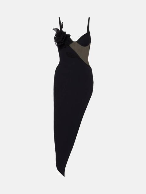 Asymmetric cutout floral-appliqué midi dress