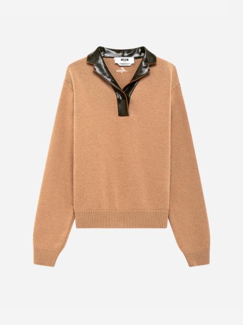 MSGM Polo in cashmere wool blend with faux leather details