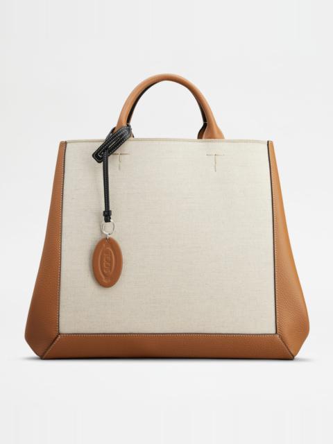 TOD'S DOUBLE UP SHOPPING BAG IN LEATHER AND CANVAS LARGE - BROWN, OFF WHITE