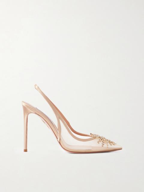 AQUAZZURA Firework 105 Crystal-embellished Satin-trimmed Mesh Pumps