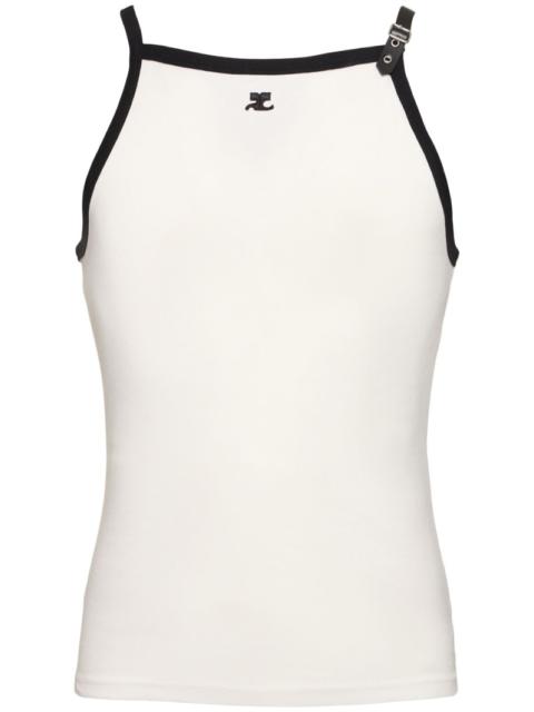 Logo embroidery cotton tank top w/buckle