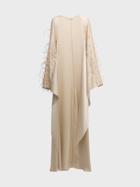 Feather-Embellished Doubleface Satin Long-Sleeve Caftan
