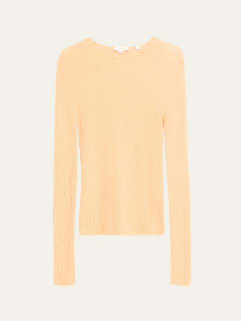 Waffle-Stitch Cashmere Silk Crewneck Pullover Top