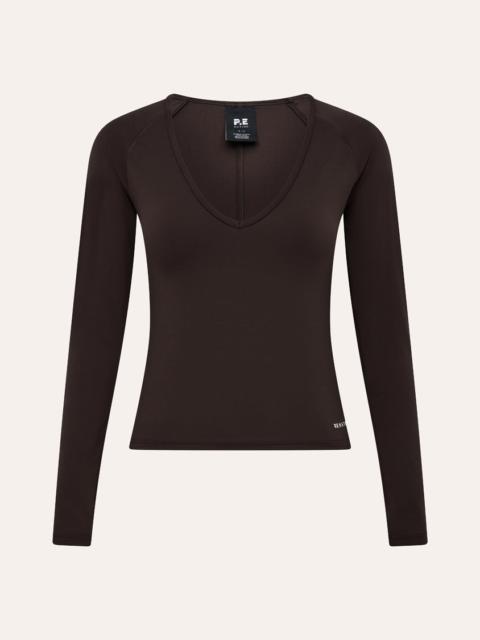 P.E NATION SIGNATURE V NECK LONG SLEEVE TOP IN ESPRESSO