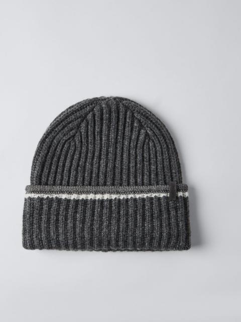 Brunello Cucinelli English rib knit beanie in cashmere feather yarn with sparkling trim and monili