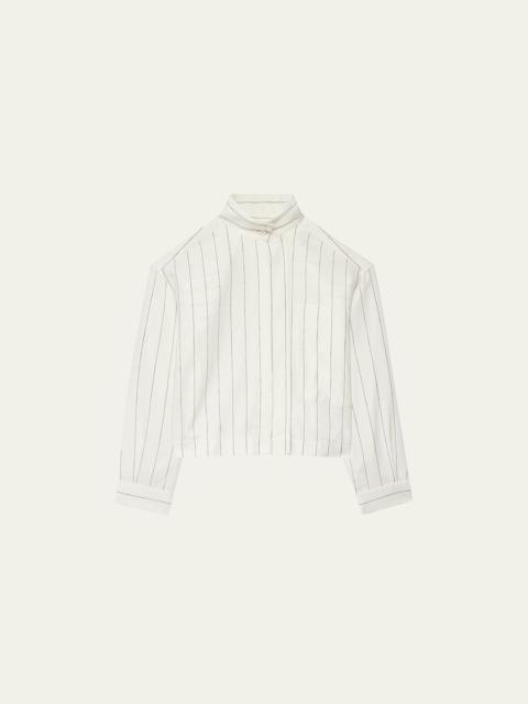 Another Tomorrow Stripe Stand-Collar Crop Linen Shirt