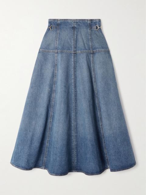 ULLA JOHNSON The Brigette Embellished Paneled Denim Midi Skirt