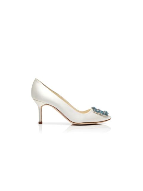 Manolo Blahnik White Satin Jewel Buckle Pumps