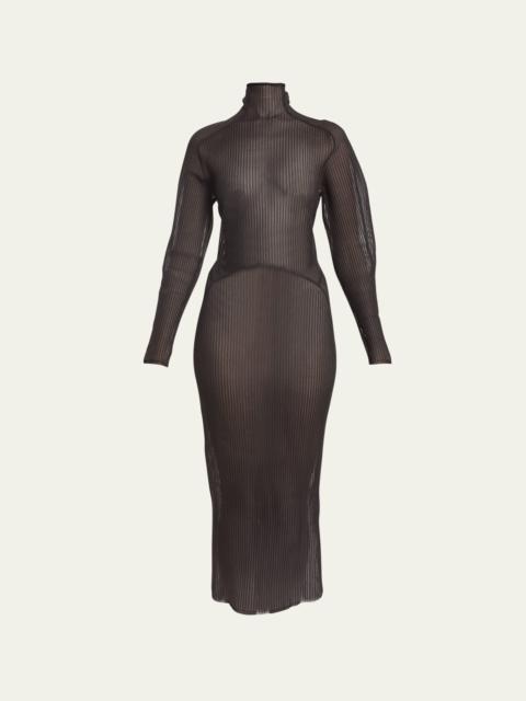 Alaïa Long-Sleeve Sheer Mock-Neck Midi Dress