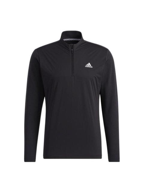 Men's adidas Solid Color Half Zipper Stand Collar Long Sleeves Black T-Shirt GT3652