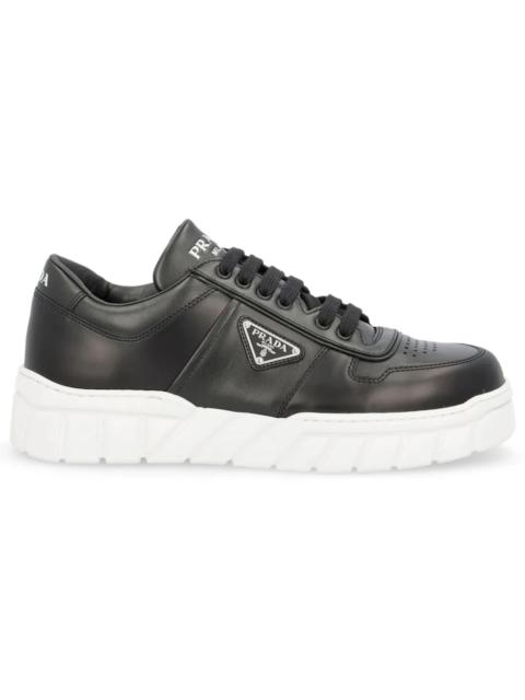 Prada Logo Plaque Lace Up Sneakers Black White