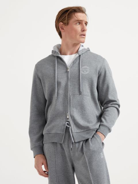 Cotton, cashmere and silk French terry double cloth hooded sweatshirt with zipper and print