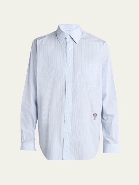 Bottega Veneta Men's Fine Stripe Poplin Shirt with Embroidered Mushroom Patch