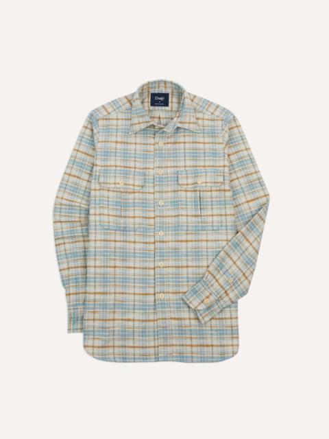 Drake's Ecru and Blue Check Cotton Two-Pocket Work Shirt