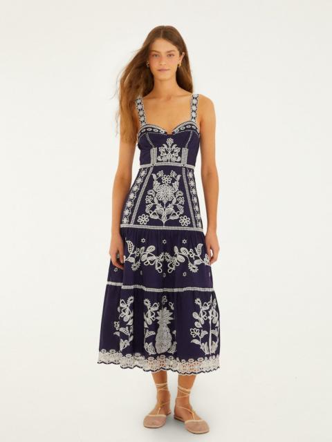 FARM RIO Blue Richelieu Embroidered Organic Cotton Midi Dress