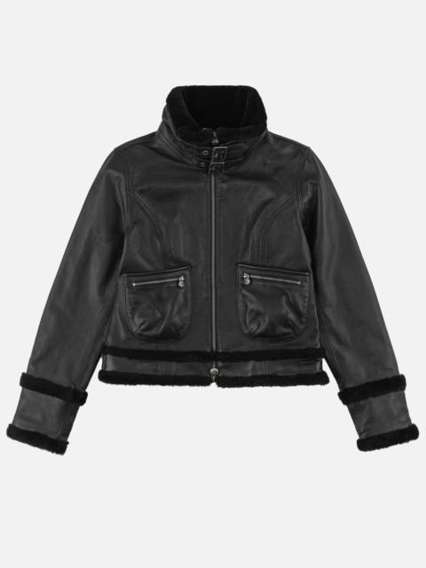 EVISU Shearling Trimmed Stand Collar Leather Jacket