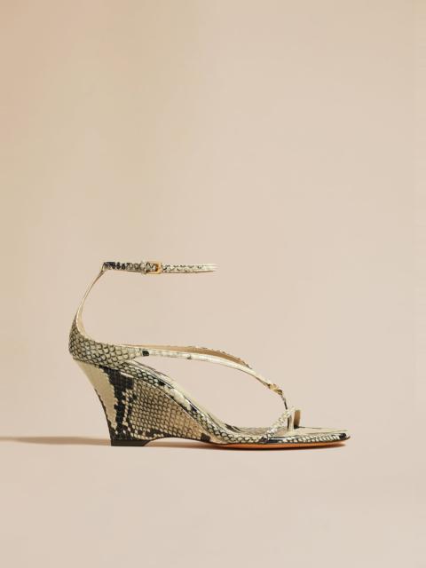 KHAITE The Marion Strappy Wedge Sandal in Natural Python-Embossed Leather