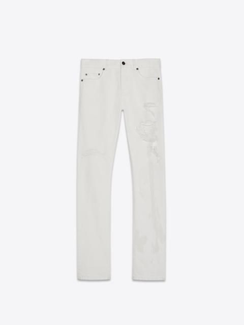 SAINT LAURENT slim jeans with holes in white stonewash denim