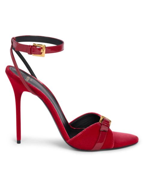 Balmain Women's Anthem 95MM Buckle-Detail Patent Leather & Velvet Sandals - Rouge