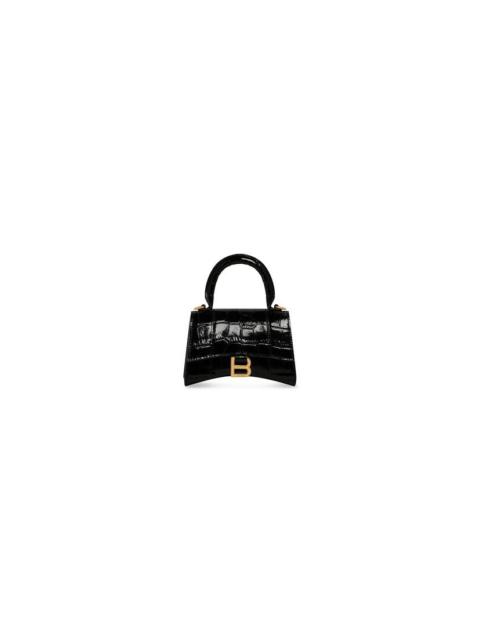 BALENCIAGA Women's Hourglass Mini Handbag With Chain Crocodile Embossed in Black