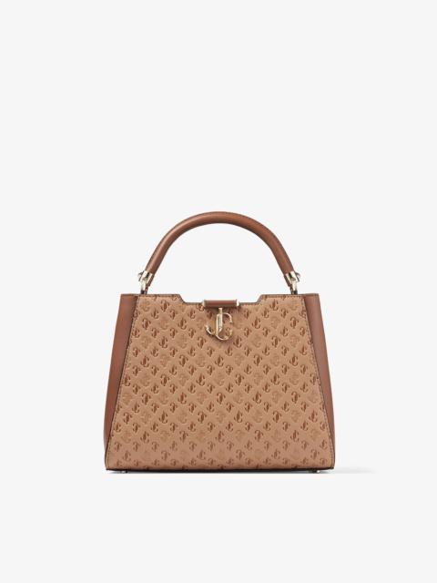JIMMY CHOO Varenne Top Handle M
Caramel JC Monogram-Print and Leather Top Handle Bag