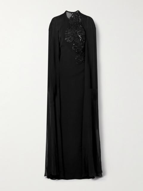 ELIE SAAB Cape-effect Embellished Silk-crepe And Silk-chiffon Gown