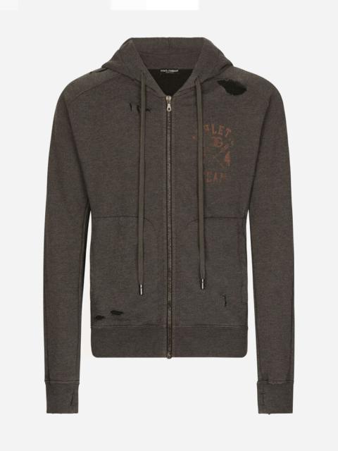 Zip-up jersey hoodie with print