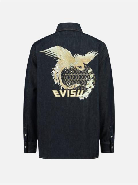 EVISU PEACOCK AND BROCADE FOIL-PRINT DENIM SHIRT