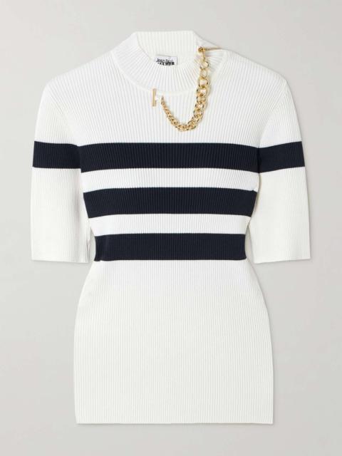 Jean Paul Gaultier Embellished striped ribbed-knit turtleneck sweater White