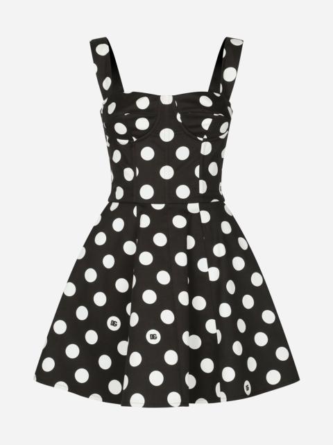 Cotton drill corset minidress with polka-dot print