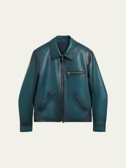 Berluti Men's Meteorite Patina Leather Full-Zip Bomber Jacket
