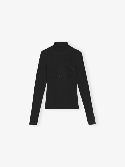 GANNI BLACK SOFT COTTON RIB RHINESTONE TOP