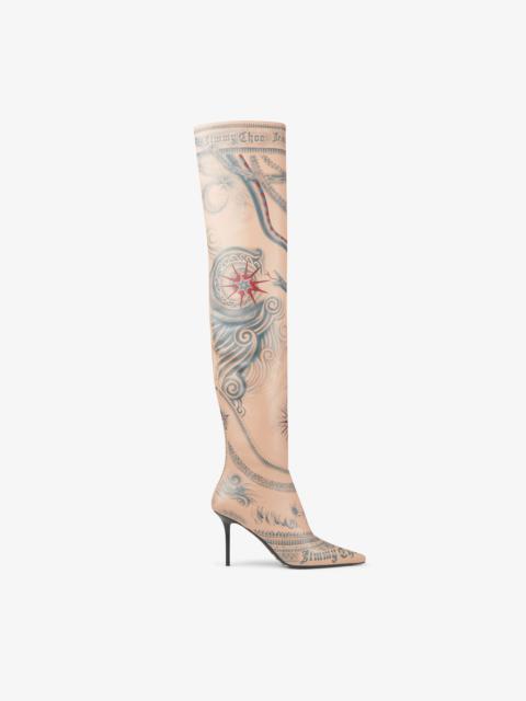 Jimmy Choo / Jean Paul Gaultier Over The Knee Boot 90
Beige Tattoo Printed Leather Over-The-Knee Boo