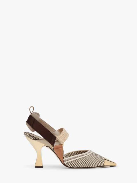 FENDI High-heeled slingbacks in beige houndstooth fabric