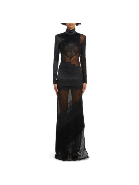 TOM FORD Long Sleeve Floral Lace & Stretch Satin Gown in Black at Nordstrom