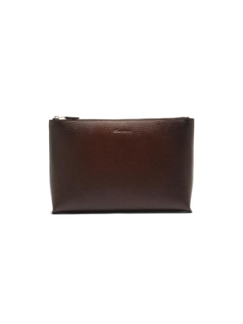 Santoni Dark brown embossed leather pouch