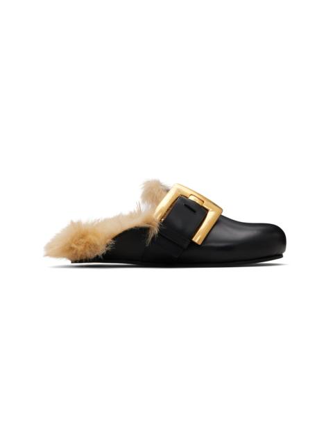 Balmain Black Flat Leather & Faux Fur Mule Loafers