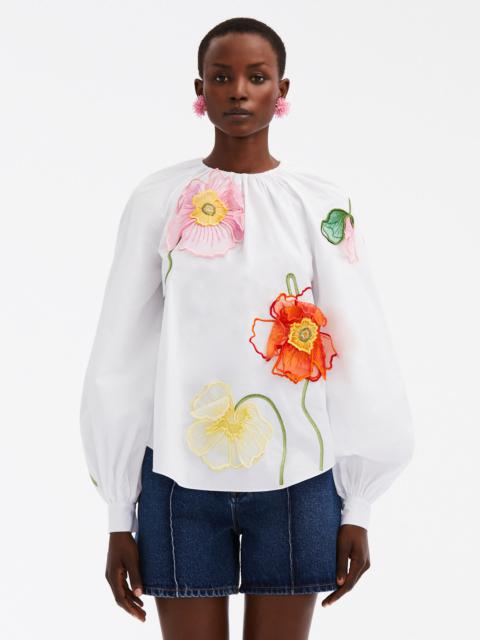 Oscar de la Renta PAINTED POPPIES COTTON POPLIN BLOUSE