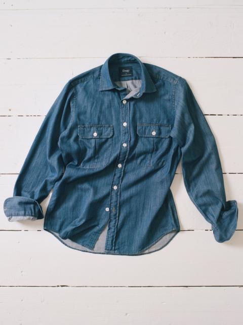 Mid-Blue Washed Denim Cotton Two-Pocket Work Shirt