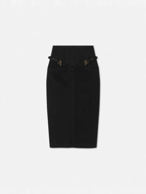 VERSACE JEANS COUTURE Baroque Buckle Denim Midi Skirt