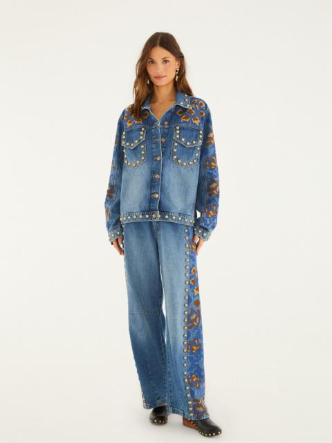 FARM RIO Denim Metal Details Embroidered High Waist Pants