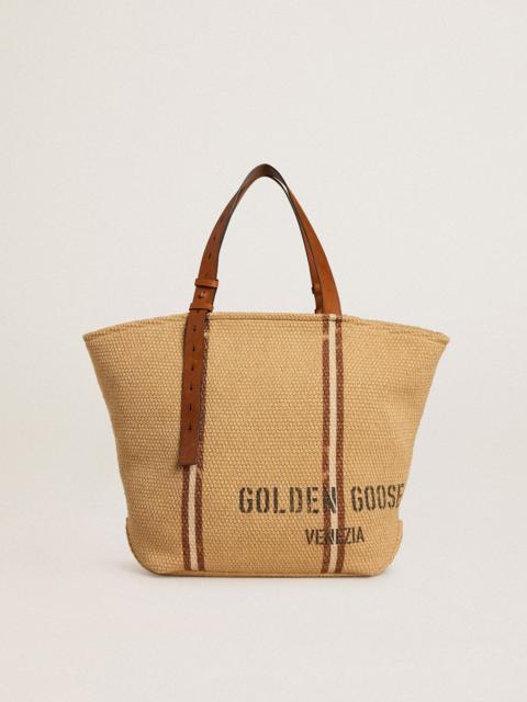Golden Goose 24.7 tote bag in natural raffia and brown leather with gold metallic details