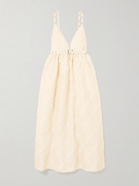 GANNI Belted Eyelet-embellished Striped Taffeta Midi Dress