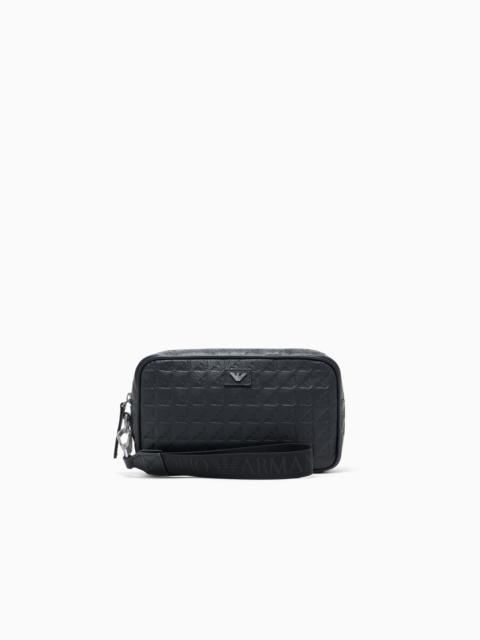 EMPORIO ARMANI LEATHER WASHBAG WITH ALL-OVER EMBOSSED EAGLE