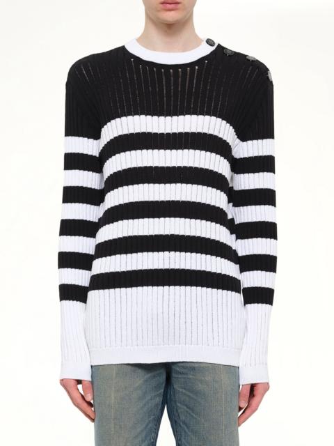 Balmain BTN Mariniere Ribbed Cotton Knit Sweater in Black/White
