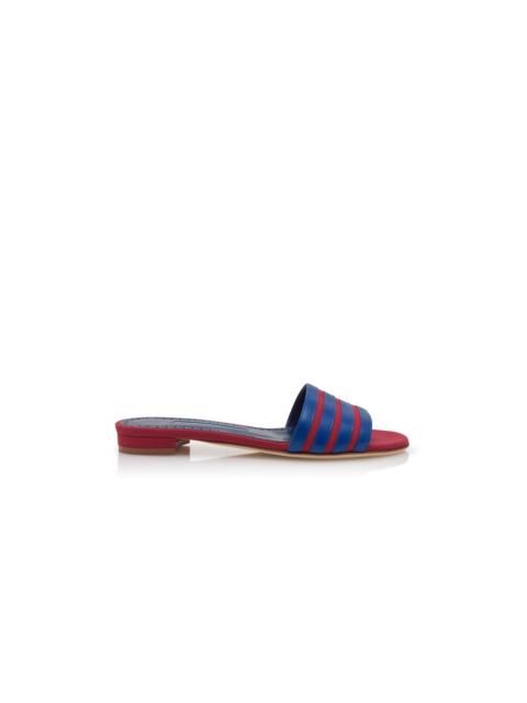Manolo Blahnik Red And Blue Linen Flat Mules