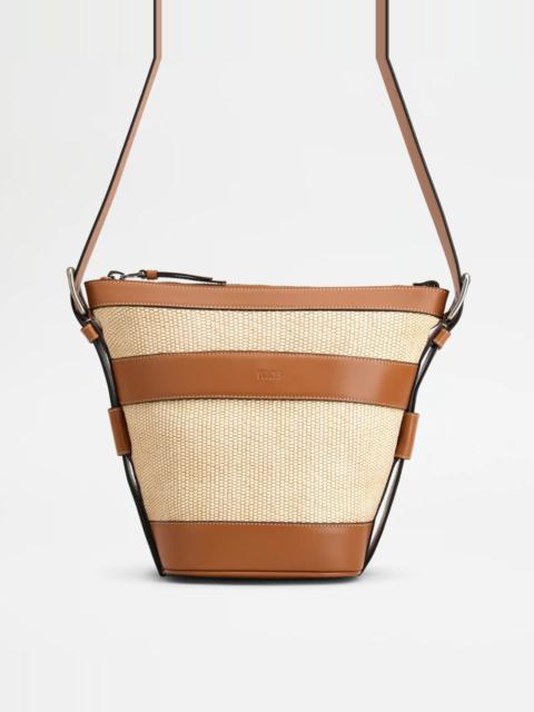 RAFFIA AND LEATHER BUCKET BAG SMALL - BROWN - 1